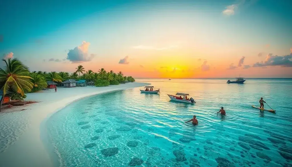 Swimmers and small boats in a calm lagoon at sunset off Maafushi