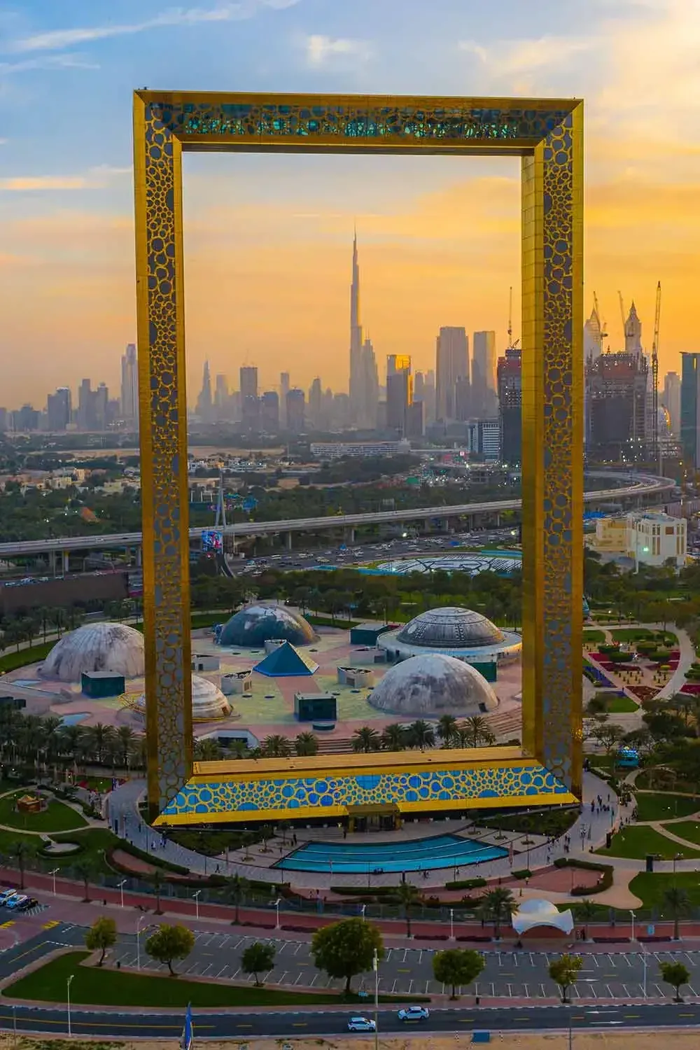 The Dubai Frame against a blue sky