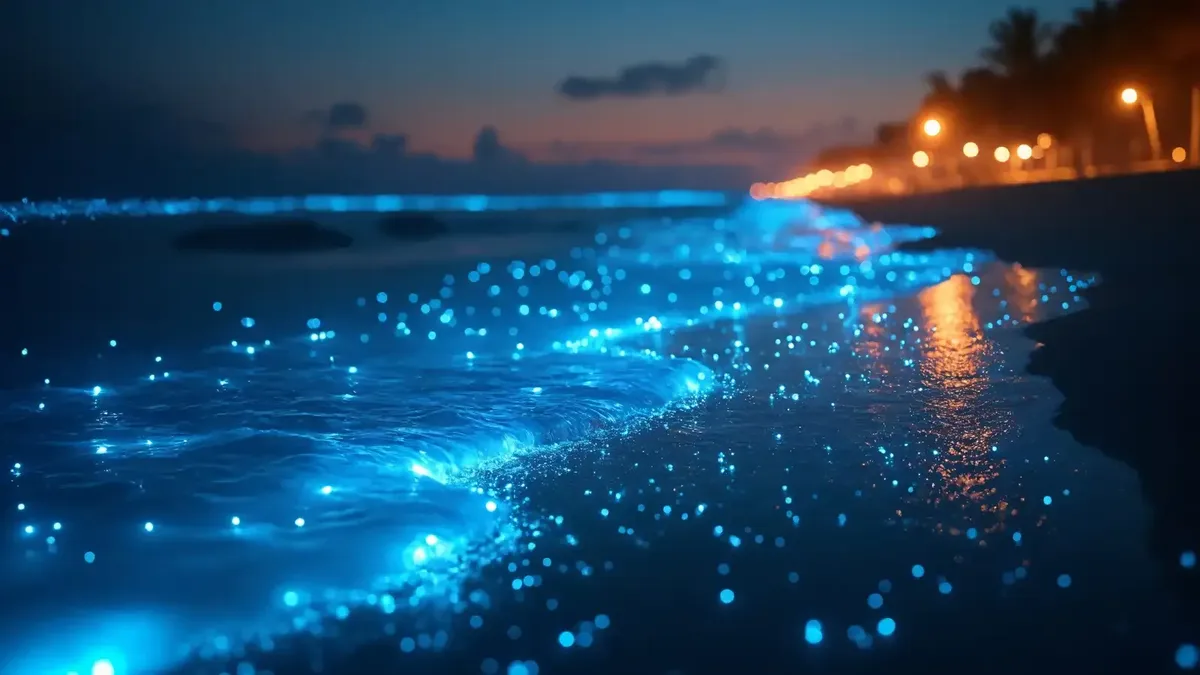 Glowing blue plankton along a dark shoreline at night