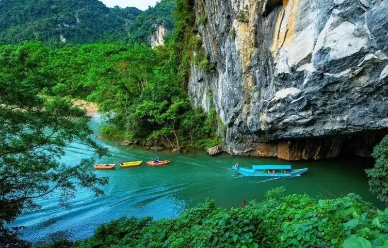 Boats on a green river below the limestone cliff at the mouth of Phong Nha Cave