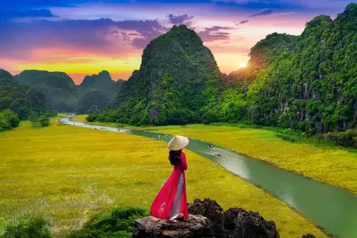A woman in a red dress and conical hat above golden rice fields and limestone hills