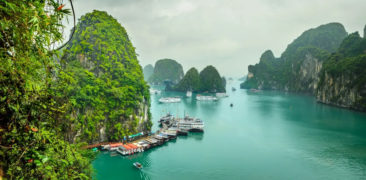 Boats moored among green limestone islands in Ha Long Bay