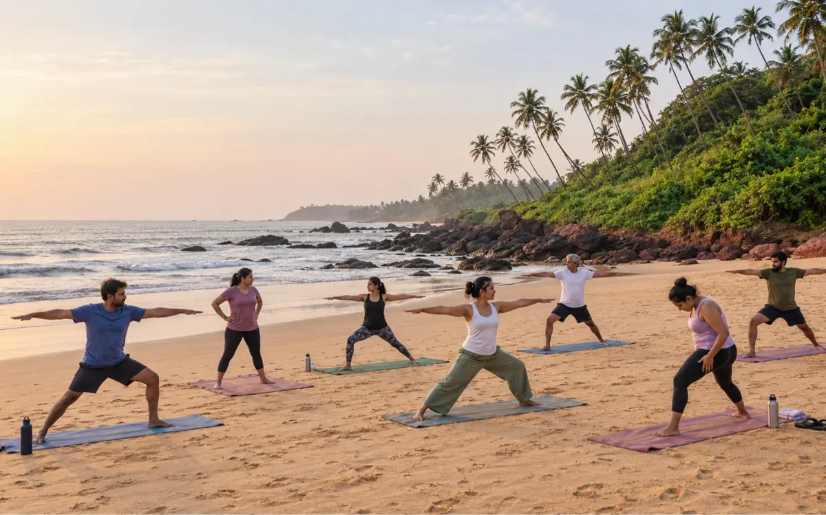 A group of people are doing yoga on a beach.