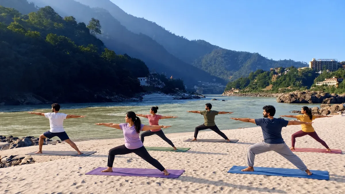 A group of people are practicing yoga on a beach.