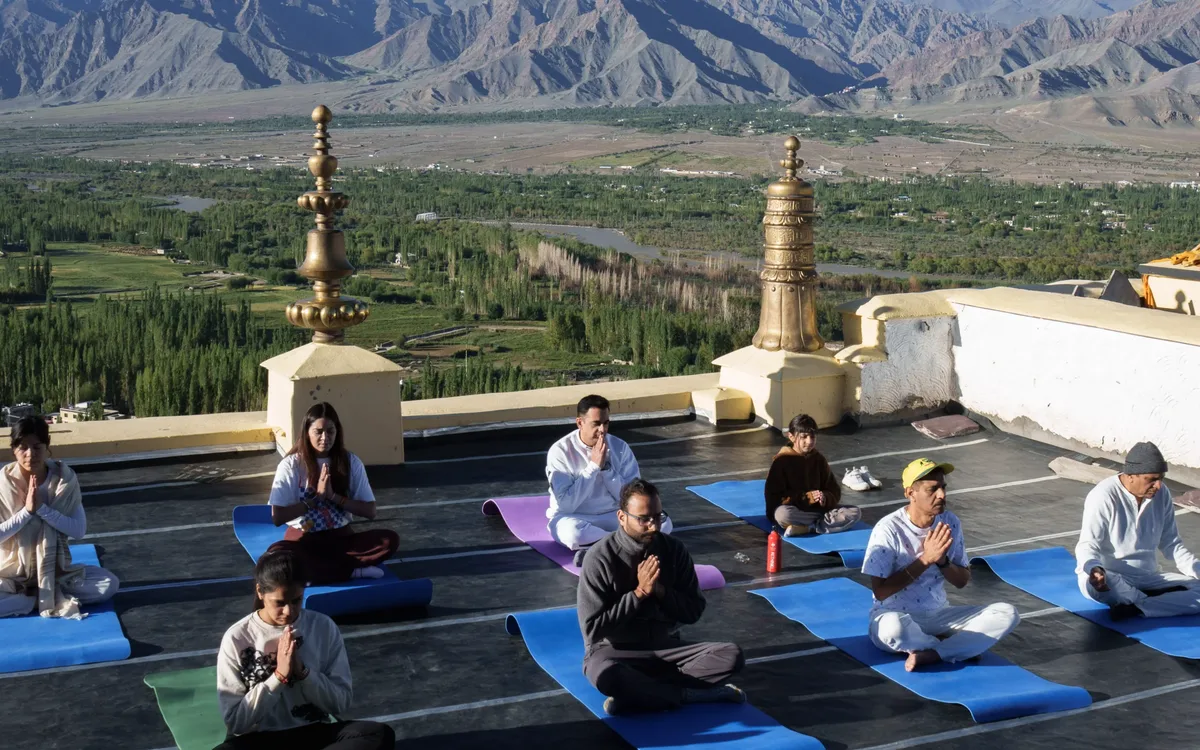 A group of people are sitting on yoga mats in a room with a mountain view.