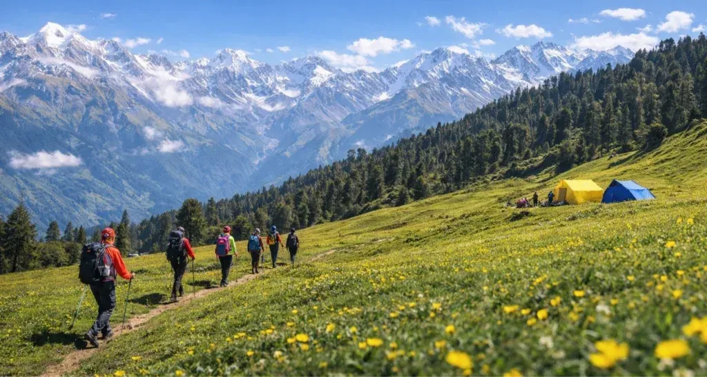 A group of hikers walking up a mountain trail with snowy peaks in the background.