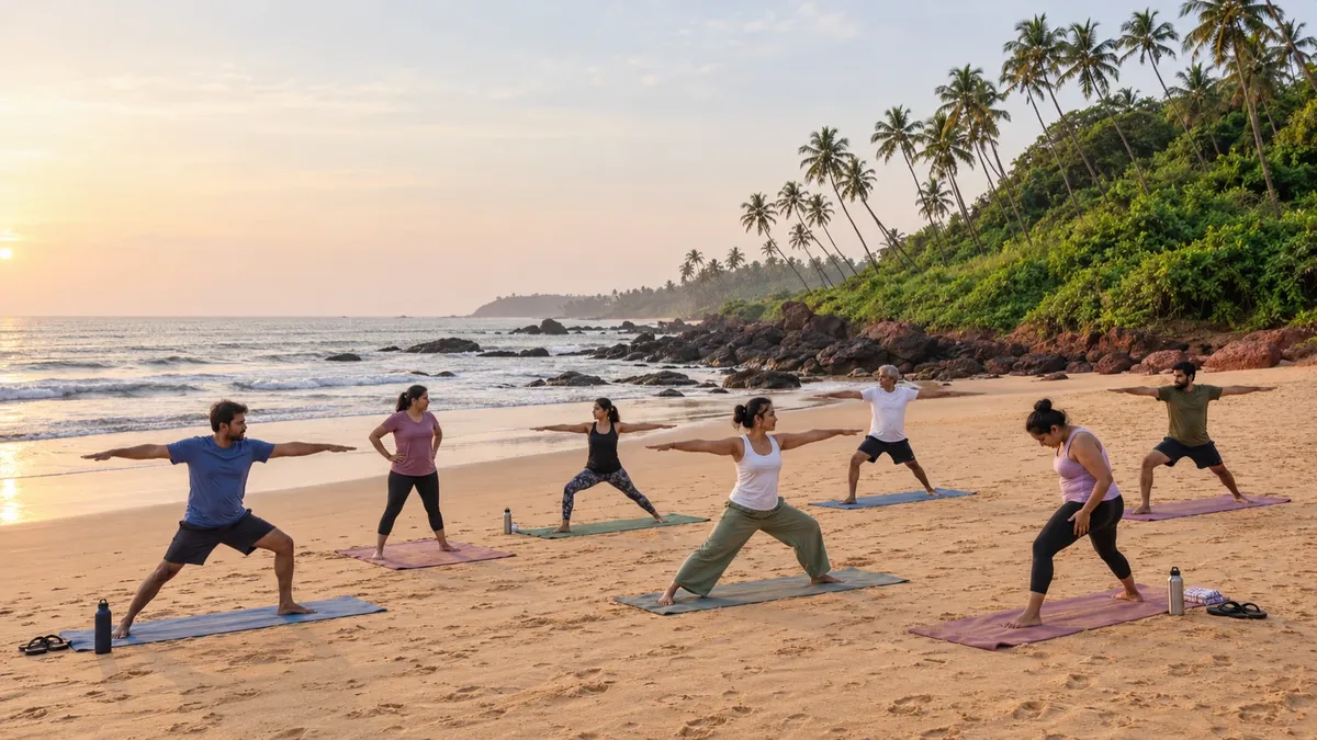 A group of people are doing yoga on a beach.